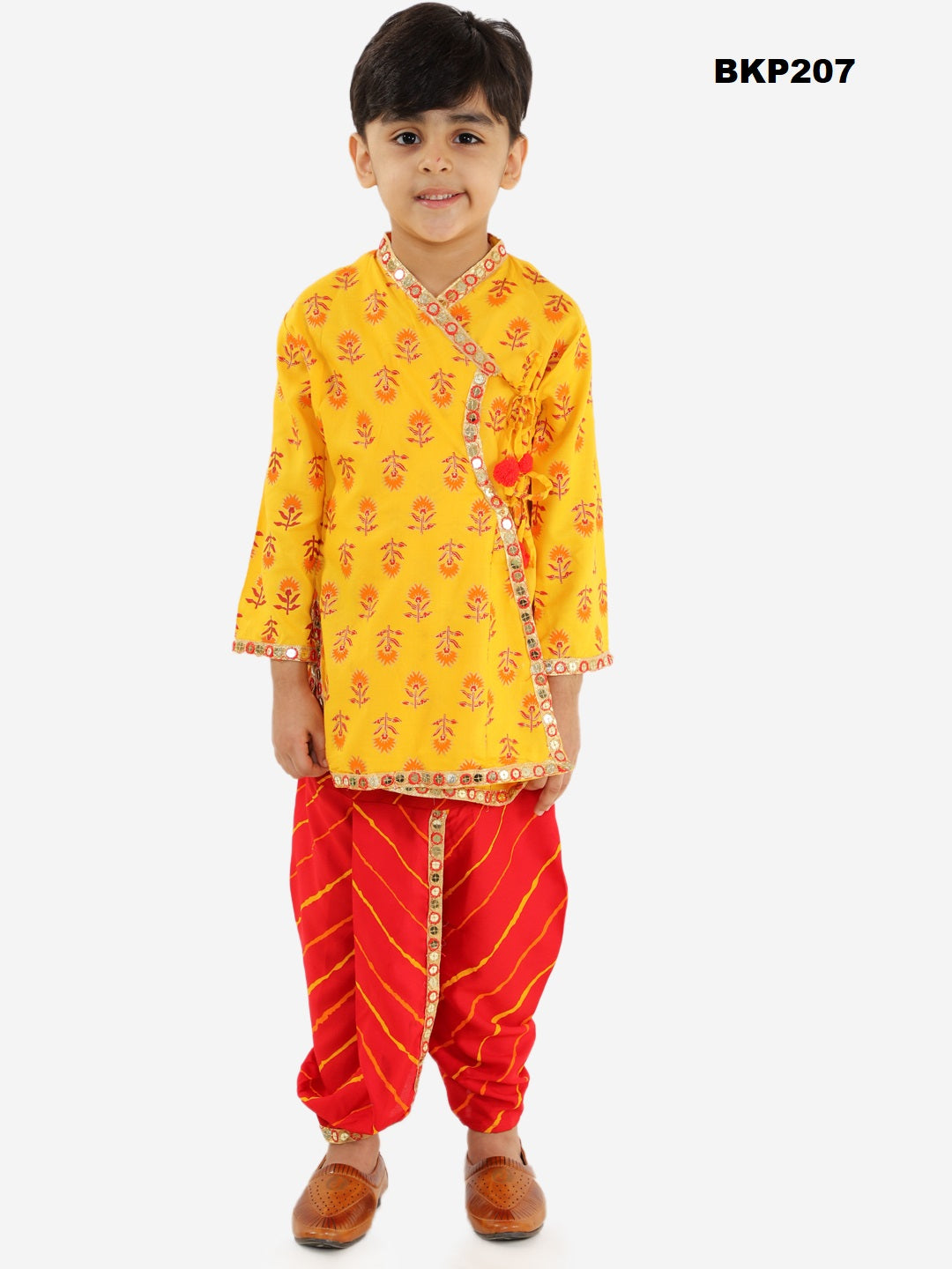 BKP207 - Rajastani block printed Yellow angrakha kurta with red leheriya dhoti