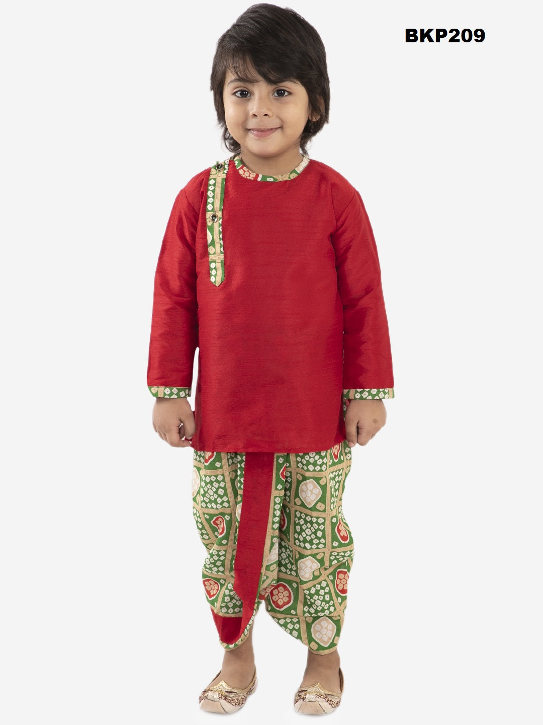 BKP209 - Festive combo green and red cotton kurta dhoti set with bandhini print