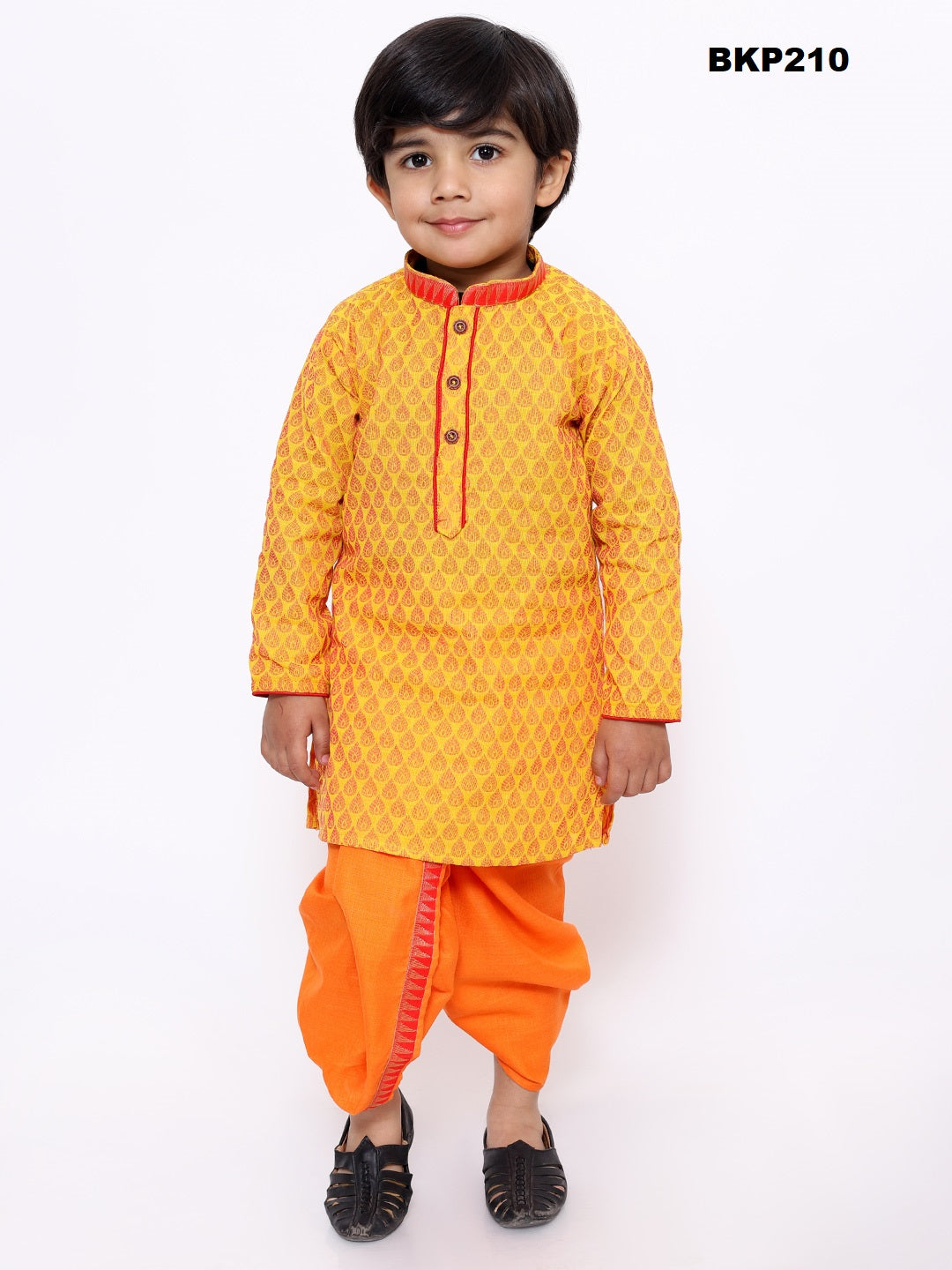 BKP210 - Toddler boys orange and yellow cotton kurta dhoti set.
