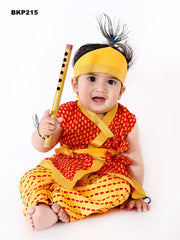 BKP215 - Red and Yellow cotton krishna costume set with accessories