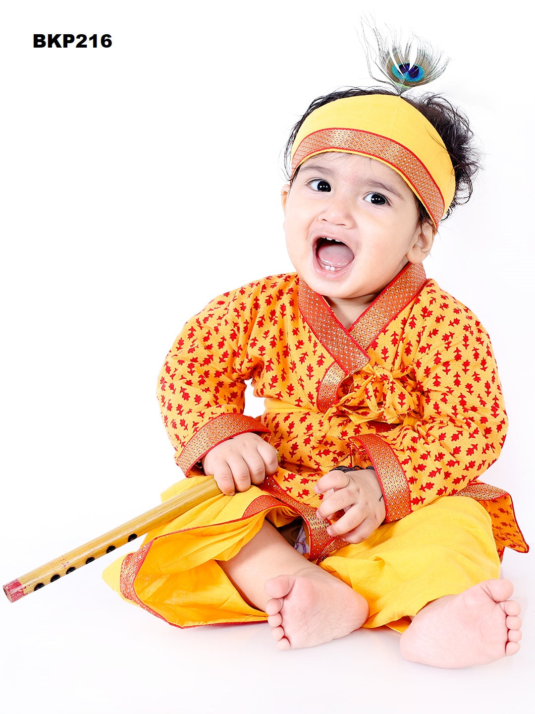 BKP216 - Yellow block printed cotton krishna costume set with accessories