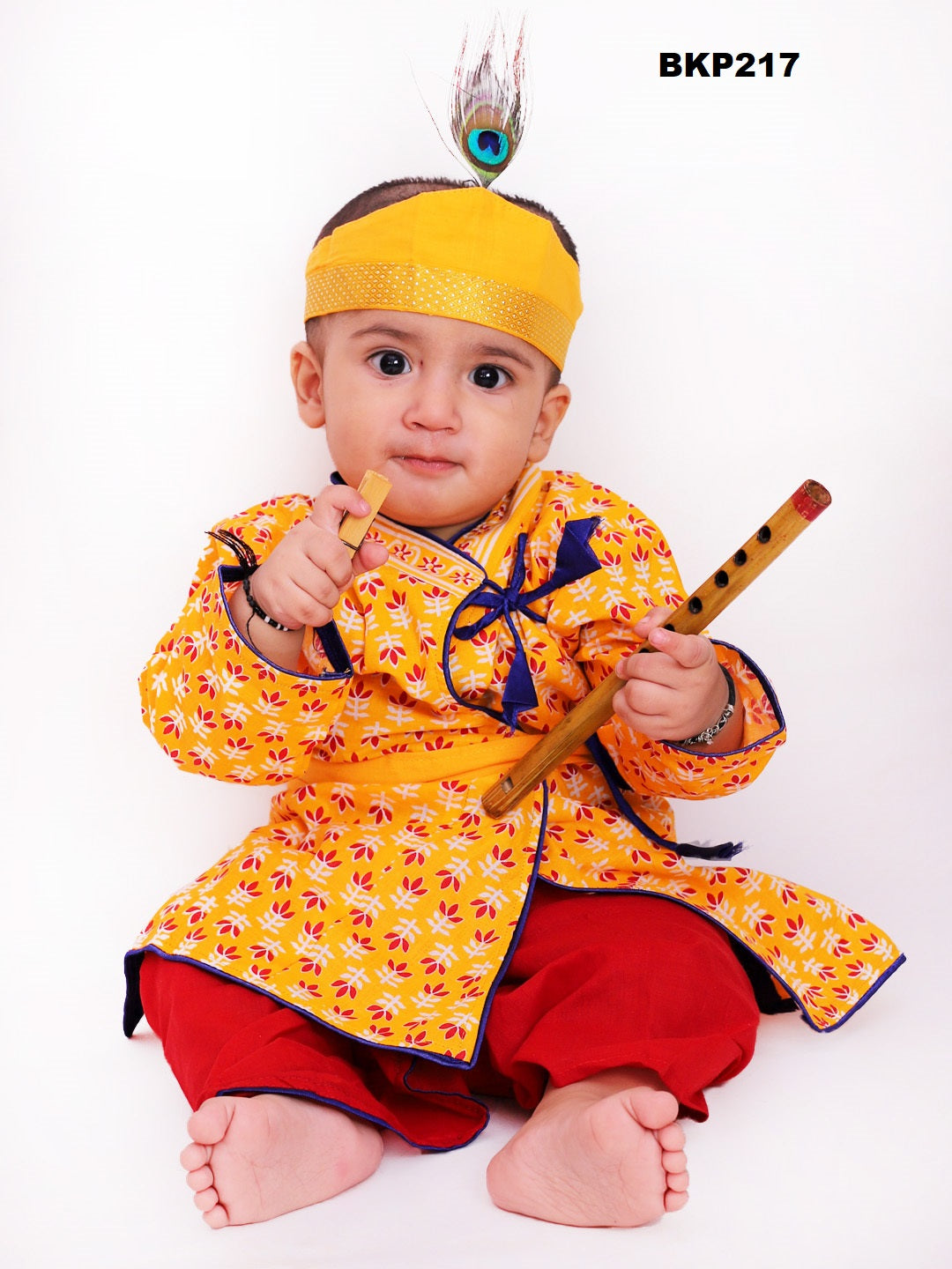 BKP217 - Yellow and red angrakha style cotton krishna costume set with accessories