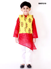 BKP219 - Bright red and yellow boys kurta waist coat set