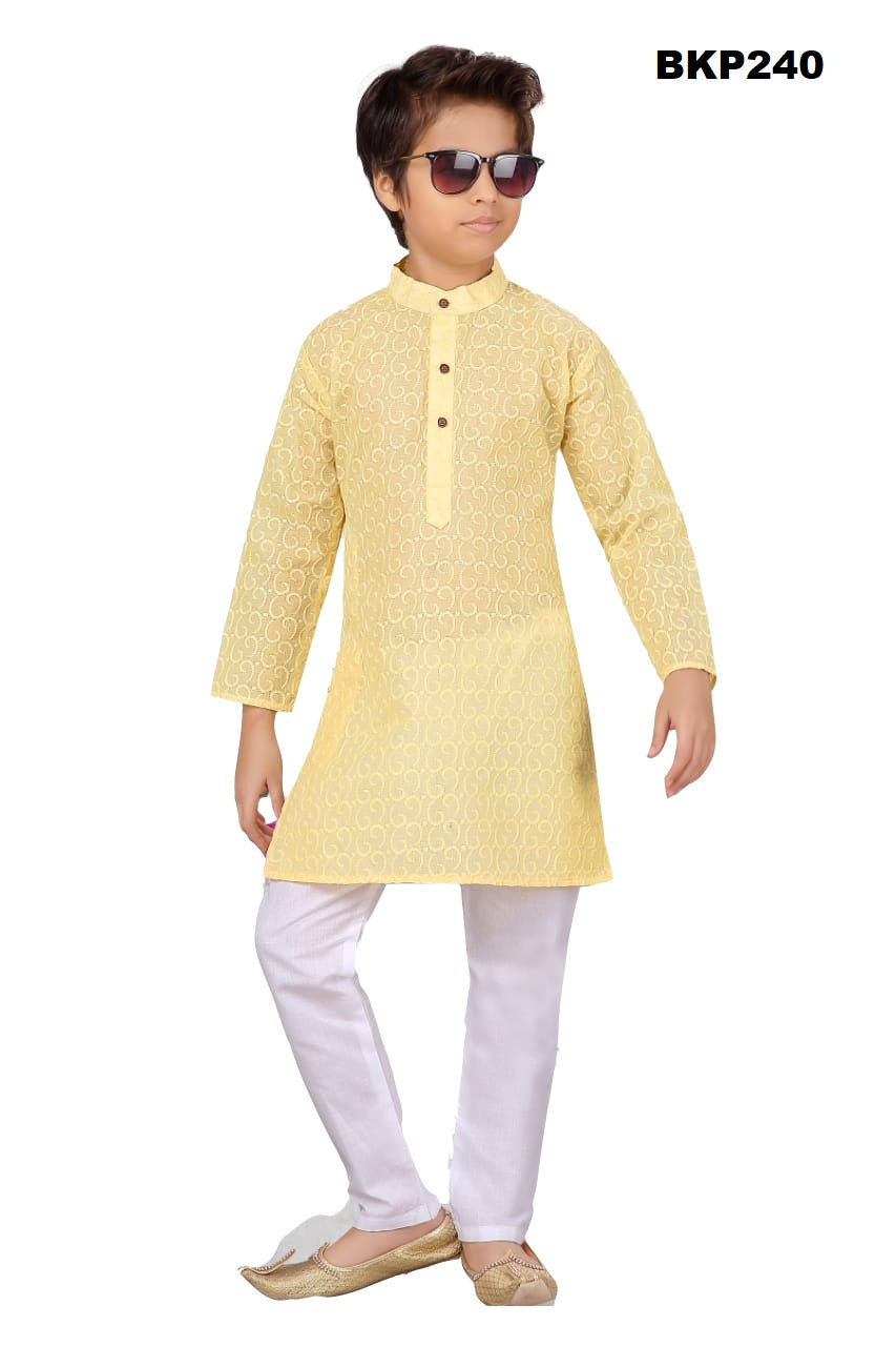 BKP240 - Pale yellow cotton Chikankari kurta pajama set
