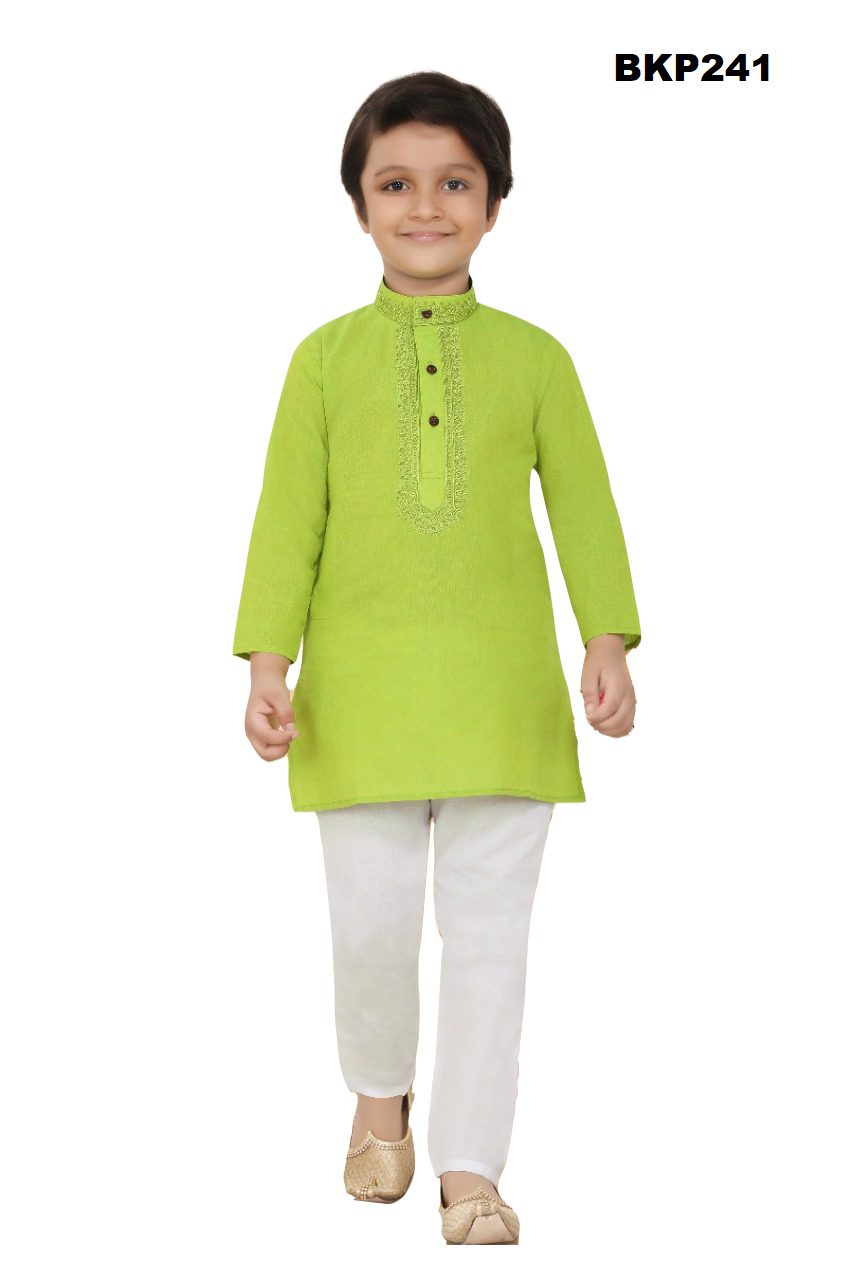 BKP241 - Solid light Green pure cotton kurta pajama with embroidery around the neck
