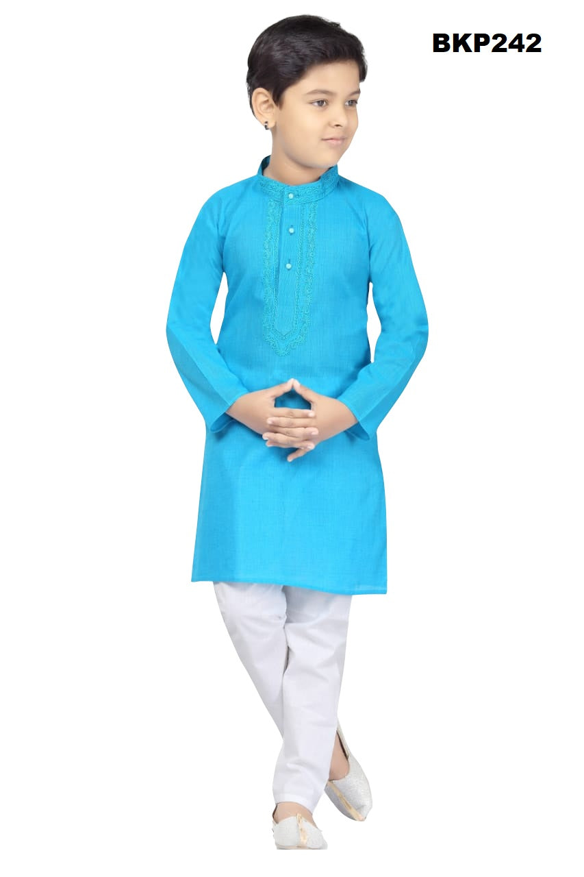 BKP242 - Solid light blue pure cotton kurta pajama set with embroidery around the neck