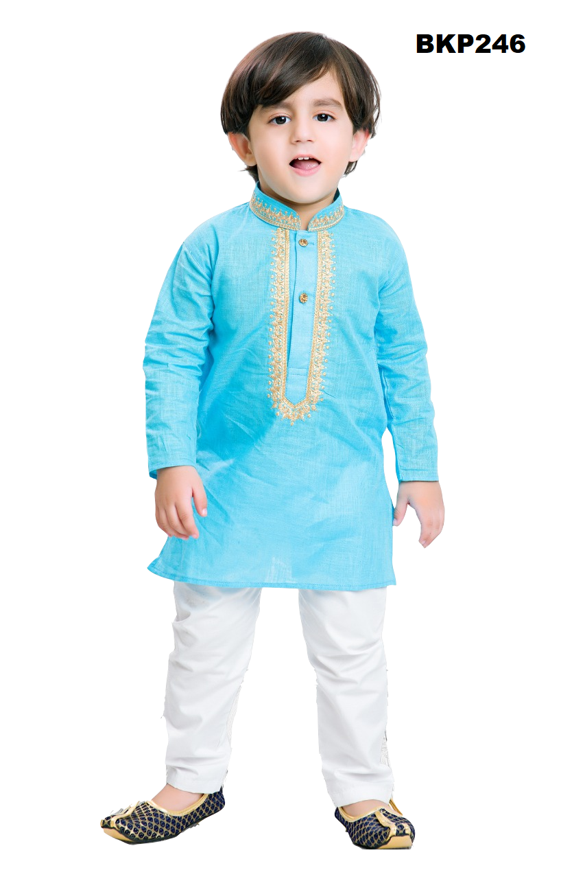 BKP246 - Pure cotton Kurta pajama in pastel blue with thread embroidery for boys
