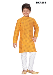 BKP261 - Turmeric yellow silk kurta pajama set with all over print for boys