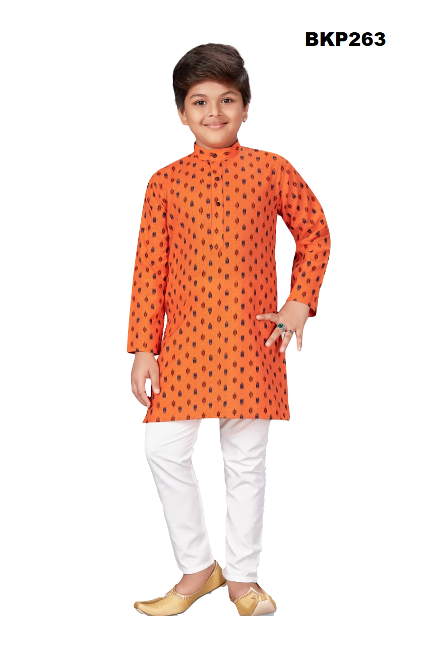 BKP263 - Orange printed soft cotton simple kurta pajama set for boys
