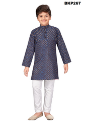 BKP267 - Navyblue block printed simple cotton kurta pajama set for boys