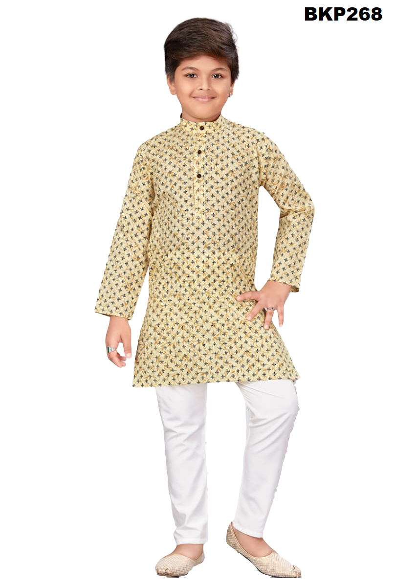 BKP268 - Boys pale yellow printed simple cotton kurta pajama set