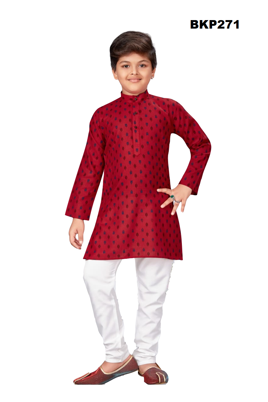 BKP271 - Bright red ikat printed soft cotton kurta pajama set