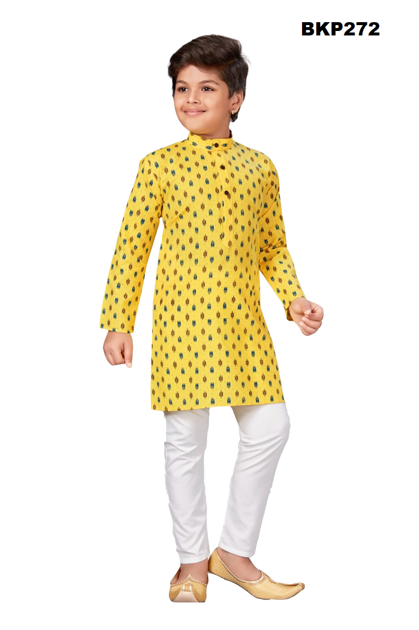 BKP272 - Mango yellow ikat printed soft cotton kurta pajama set