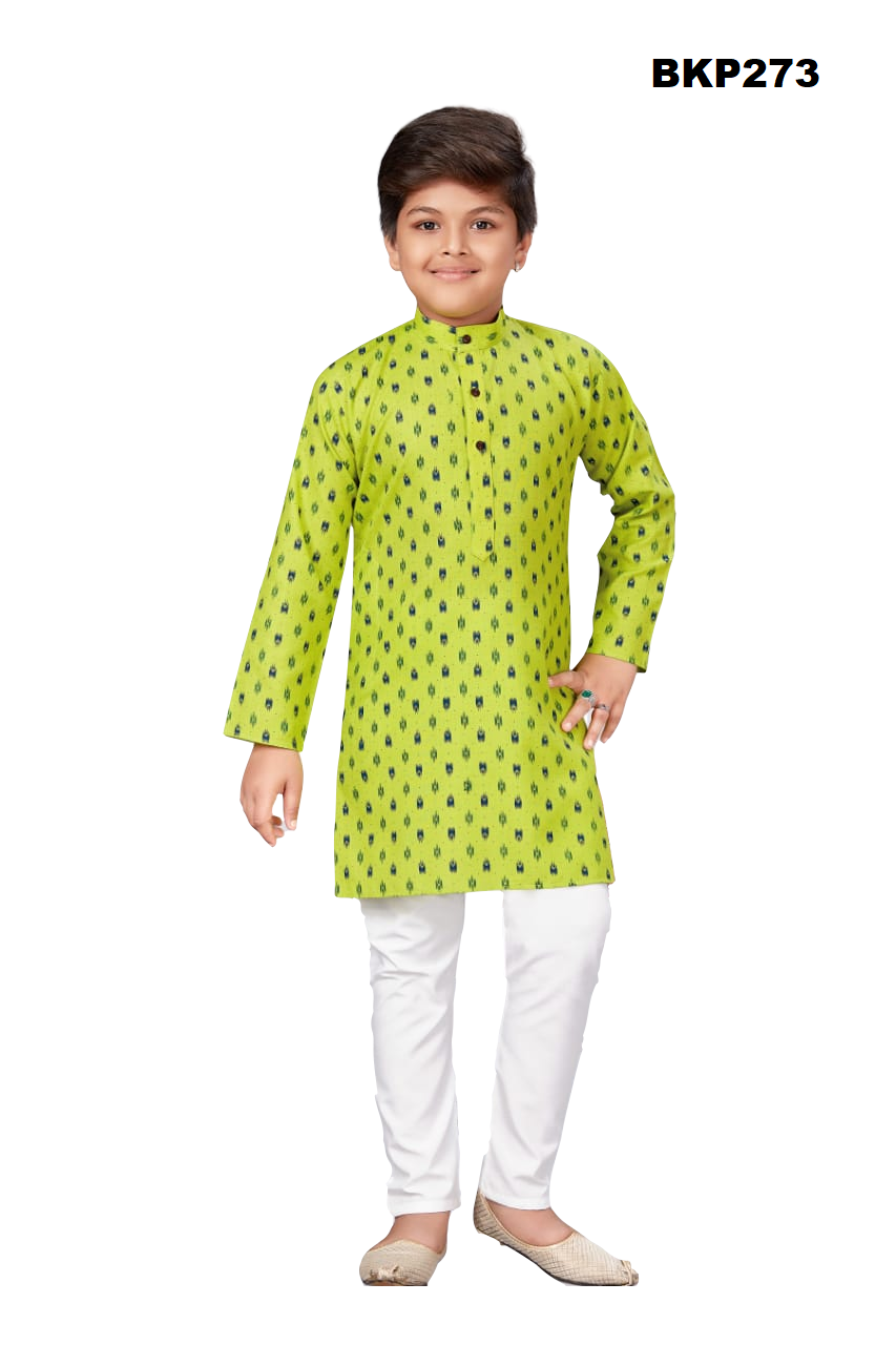 BKP273 - Pista green ikat printed soft cotton kurta pajama set