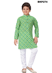 BKP274 - Green printed casual cotton kurta pajama set for boys