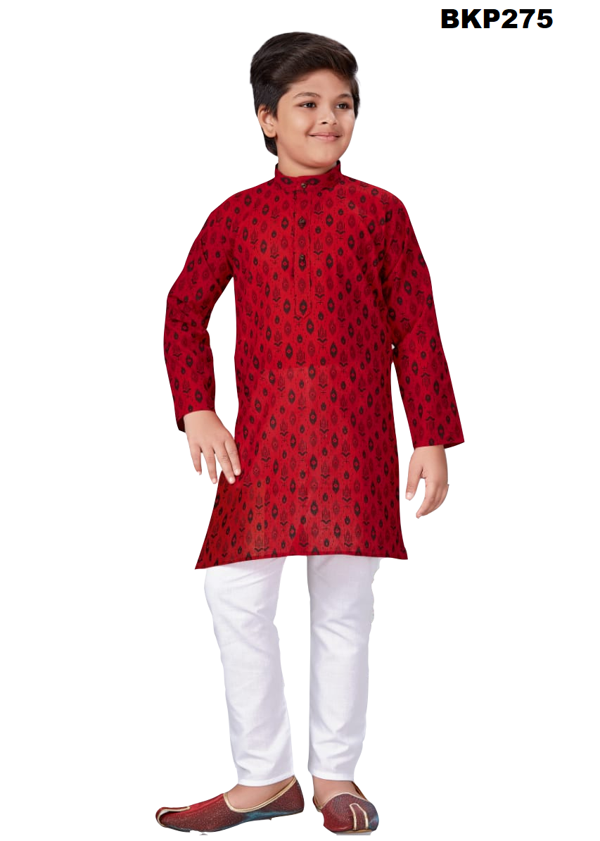 BKP275 - Dark red printed casual cotton kurta pajama set for boys