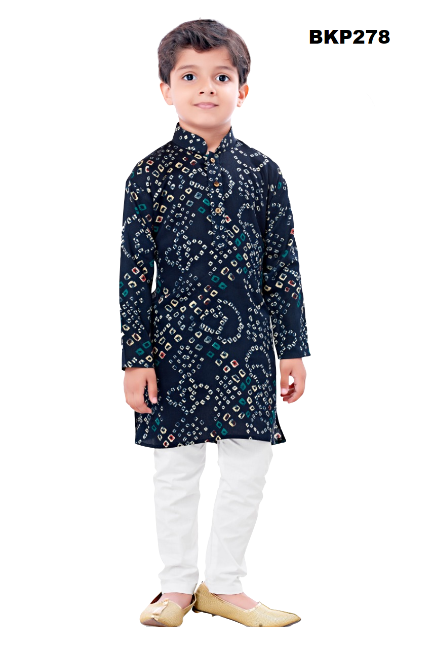 BKP278 - Bandhini printed navyblue cotton kurta pajama set for boys