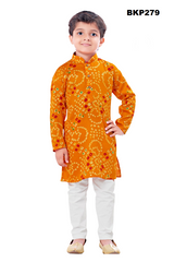 BKP279 - Bright orange bandhini printed cotton kurta pajama set for boys