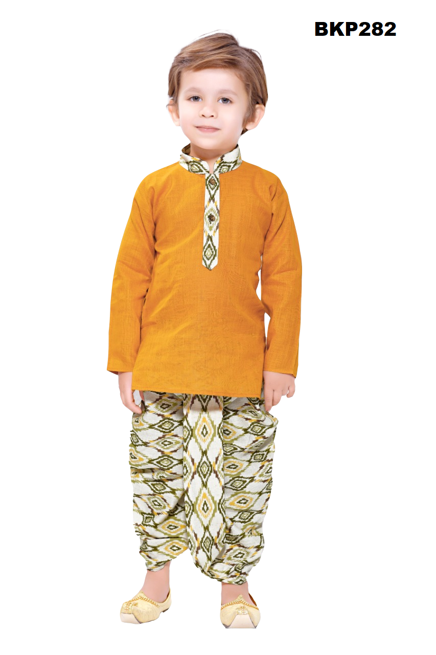 BKP282 - Mustrad yellow solid kurta set with printed dhoti for little boys