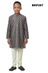 BKP287 - Greyish printed soft silk kurta pajama set for boys