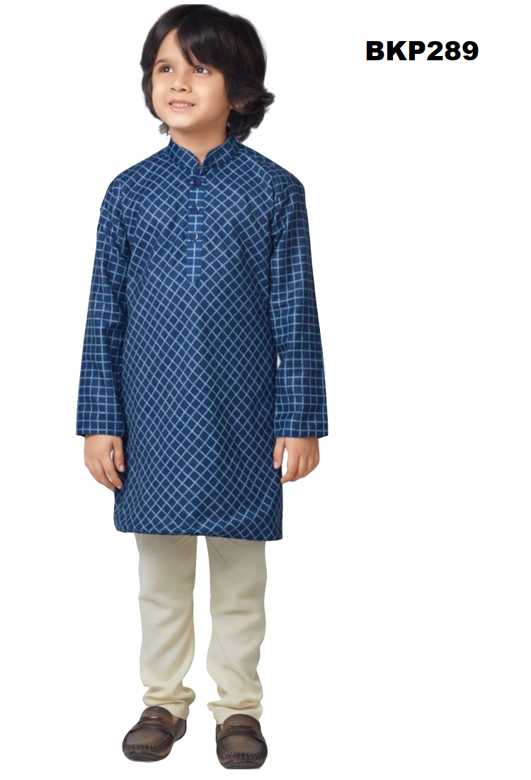 BKP289 - Royal blue checkered printed silk kurta pajama set for boys