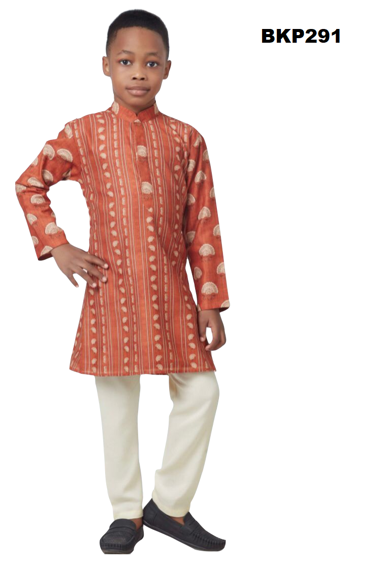 BKP291 - Reddish orange silk kurta pajama set in a trendy flower print