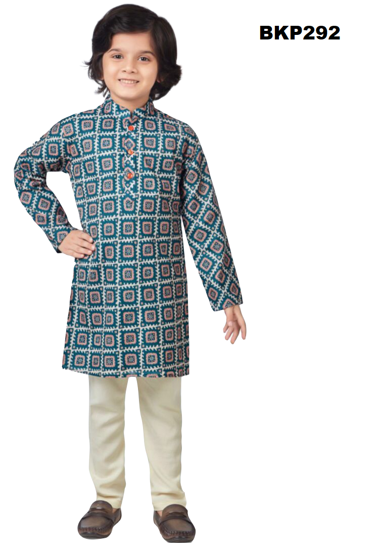 BKP292 - Blue silk kurta pajama set in a printed pattern for boys