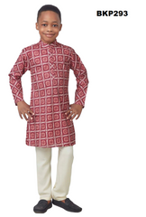 BKP293 - Red silk kurta pajama set in a printed pattern for boys
