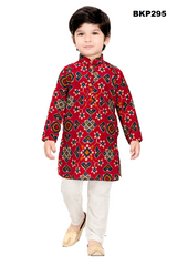 BKP295 - Patola printed red rayon kurta pajama set for boys