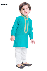 BKP302 - Light seagreen solid cotton kurta pajama with thread embroidery around the neck
