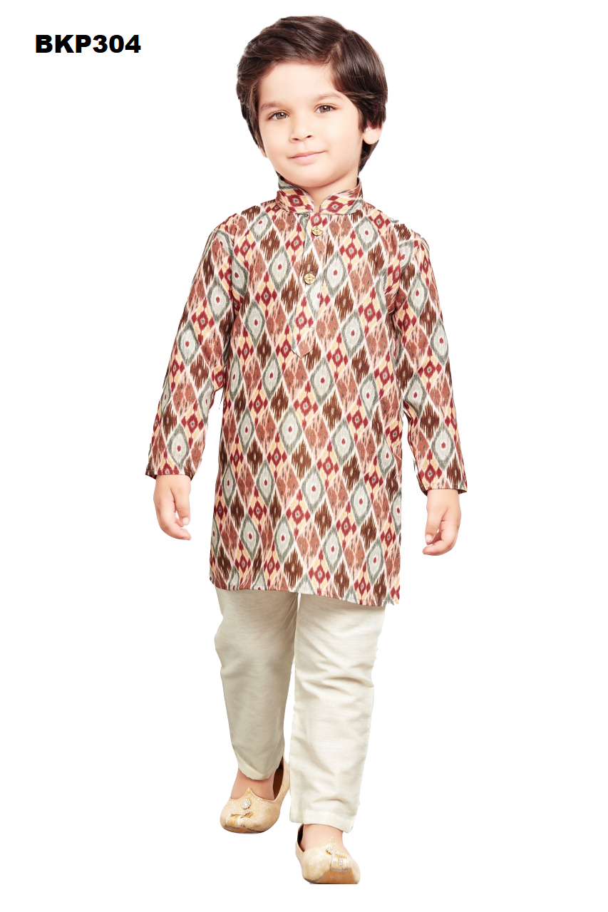 BKP304 - Beige and maroon hued allover ikkat printed cotton kurta pajama set