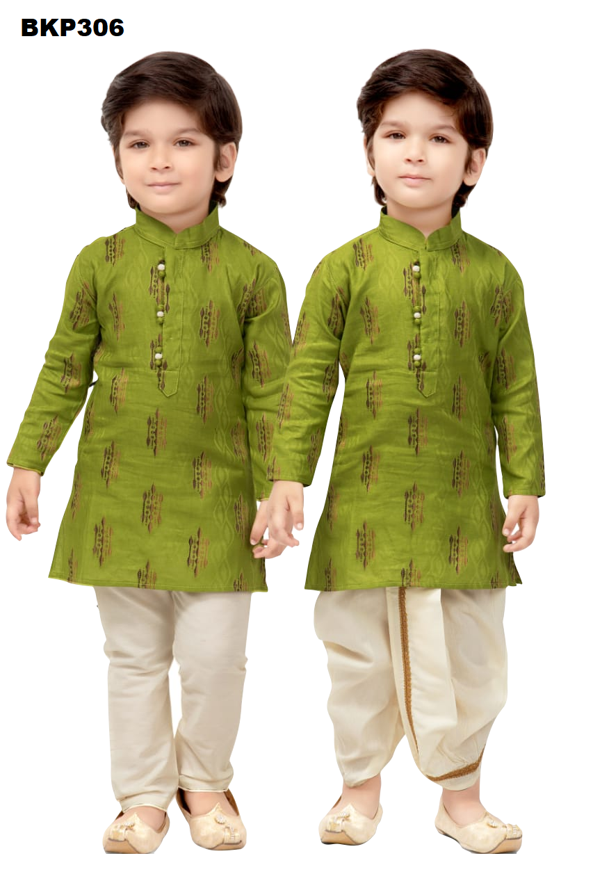 BKP306 - Green and offwhite cotton kurta pajama and dhoti 3 - piece combo set