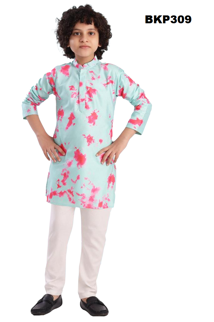BKP309 - Light blue silk kurta with pink shibori printed trendy kurta pajama set