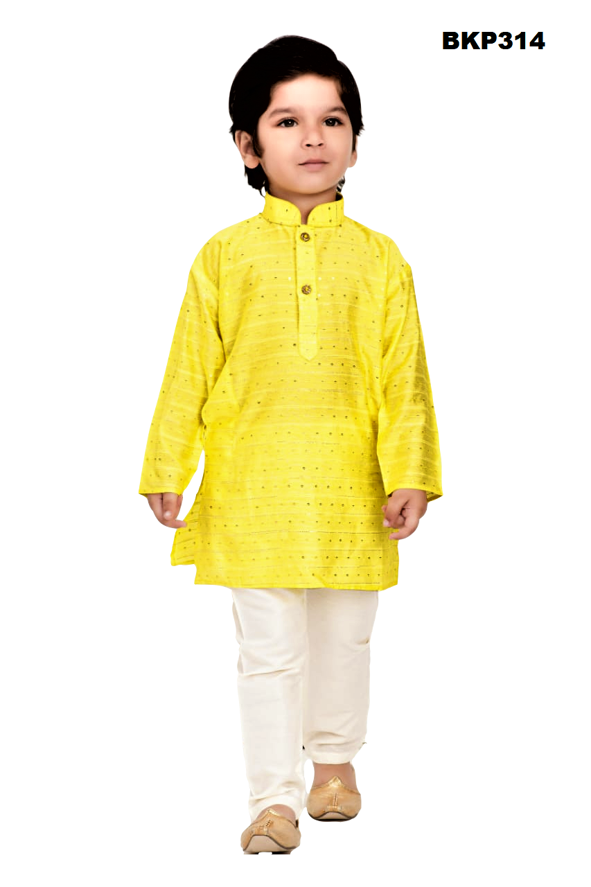 BKP314 - Neon Yellow gold dotted simple silk kurta pajama set