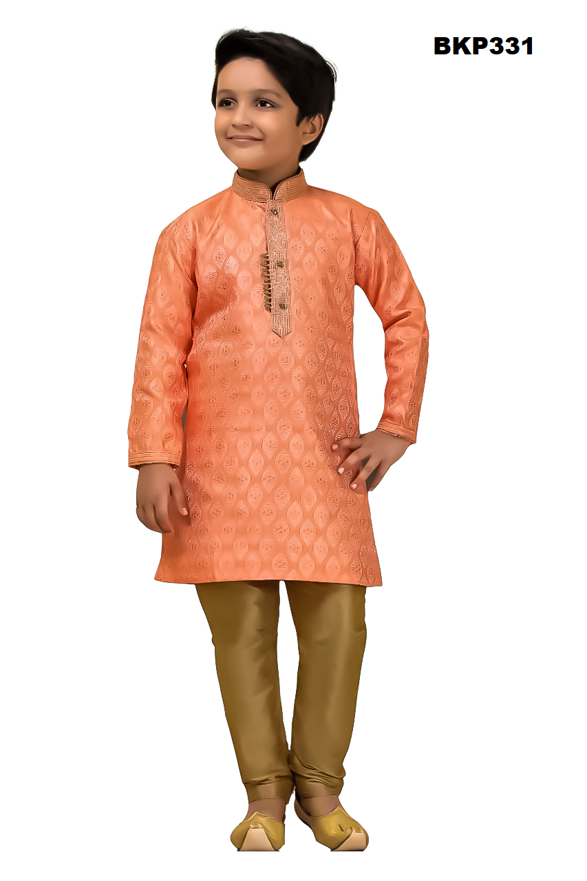 BKP331 - Orange hued selfdesign partywear silk kurta pajama set