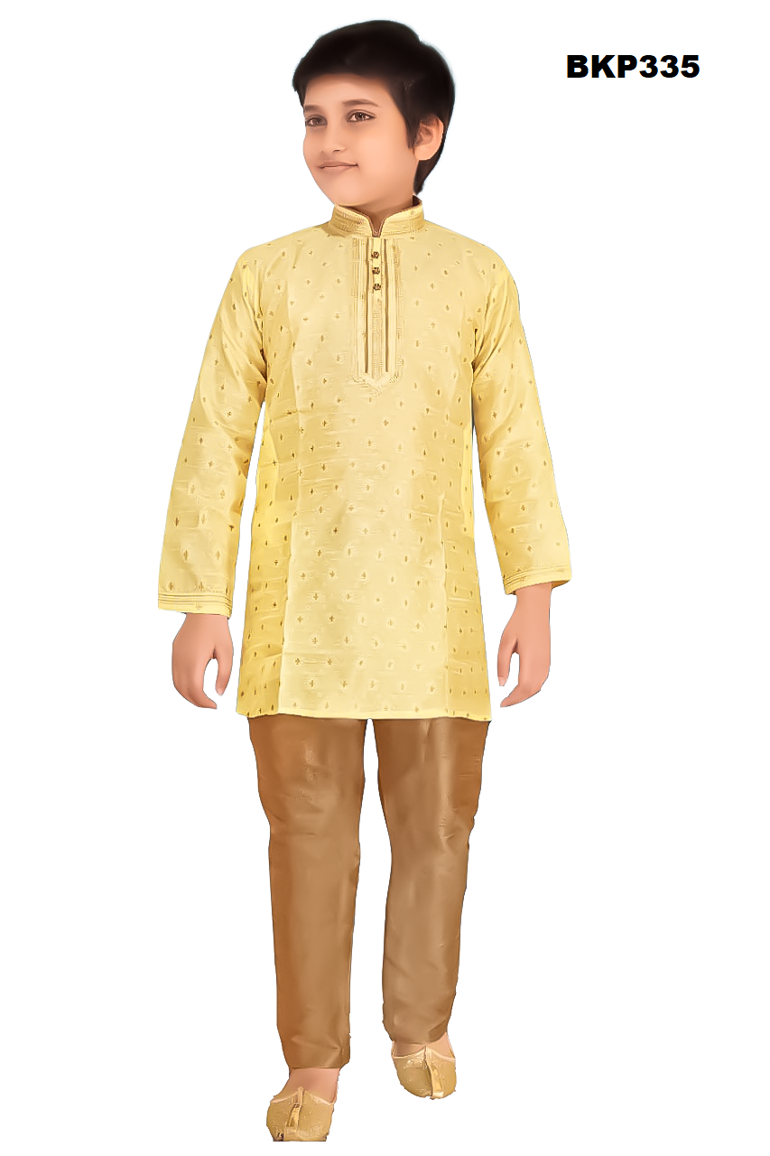 BKP335 - Golden Yellow self design partywear silk kurta pajama set
