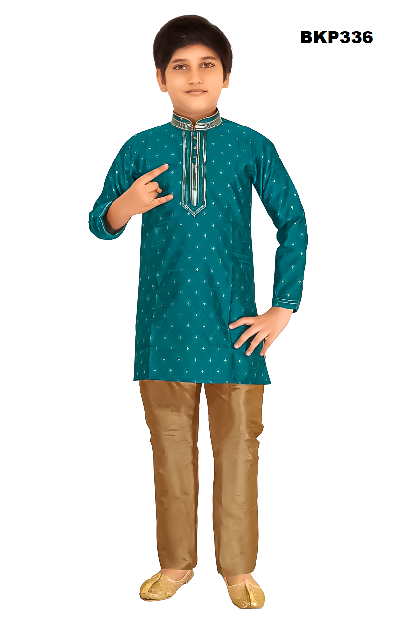 BKP336 - Dark cyan blue golden butti partywear silk kurta pajama set
