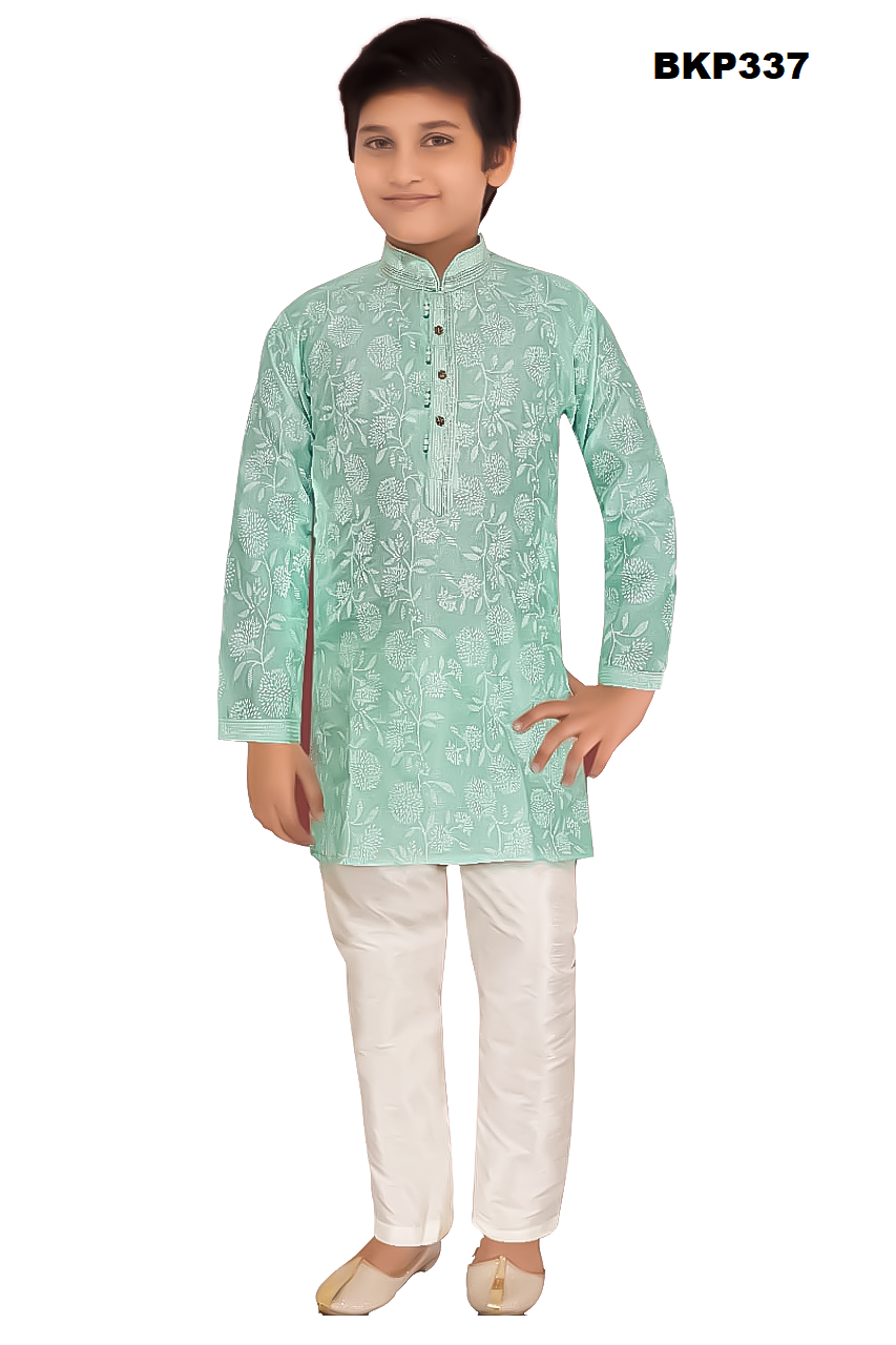 BKP337 - Aqua blue silk kurta with white printed kurta pajama set