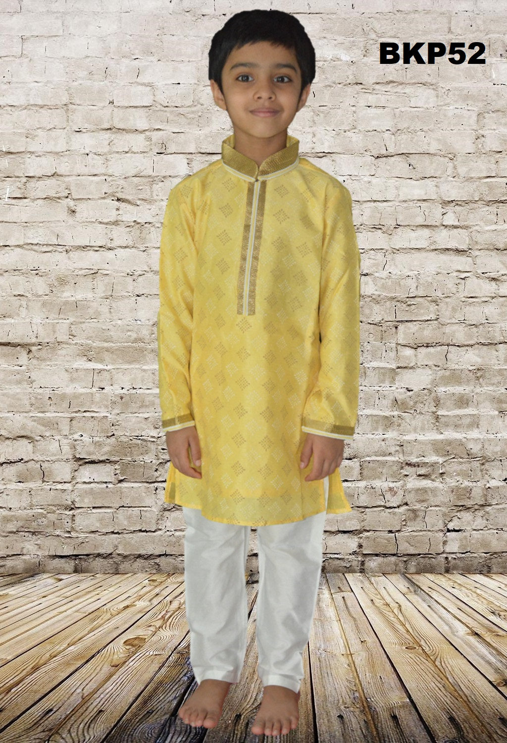 BKP52 - Boys Printed Lemon Yellow Cotton silk Kurta Pajama set