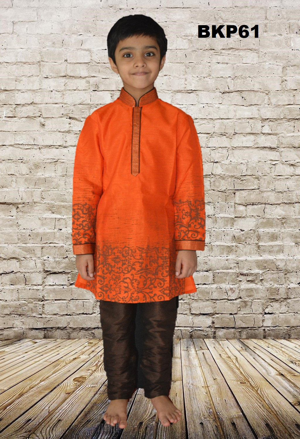 BKP61 - Boys Orange Printed silk Kurta Pajama set
