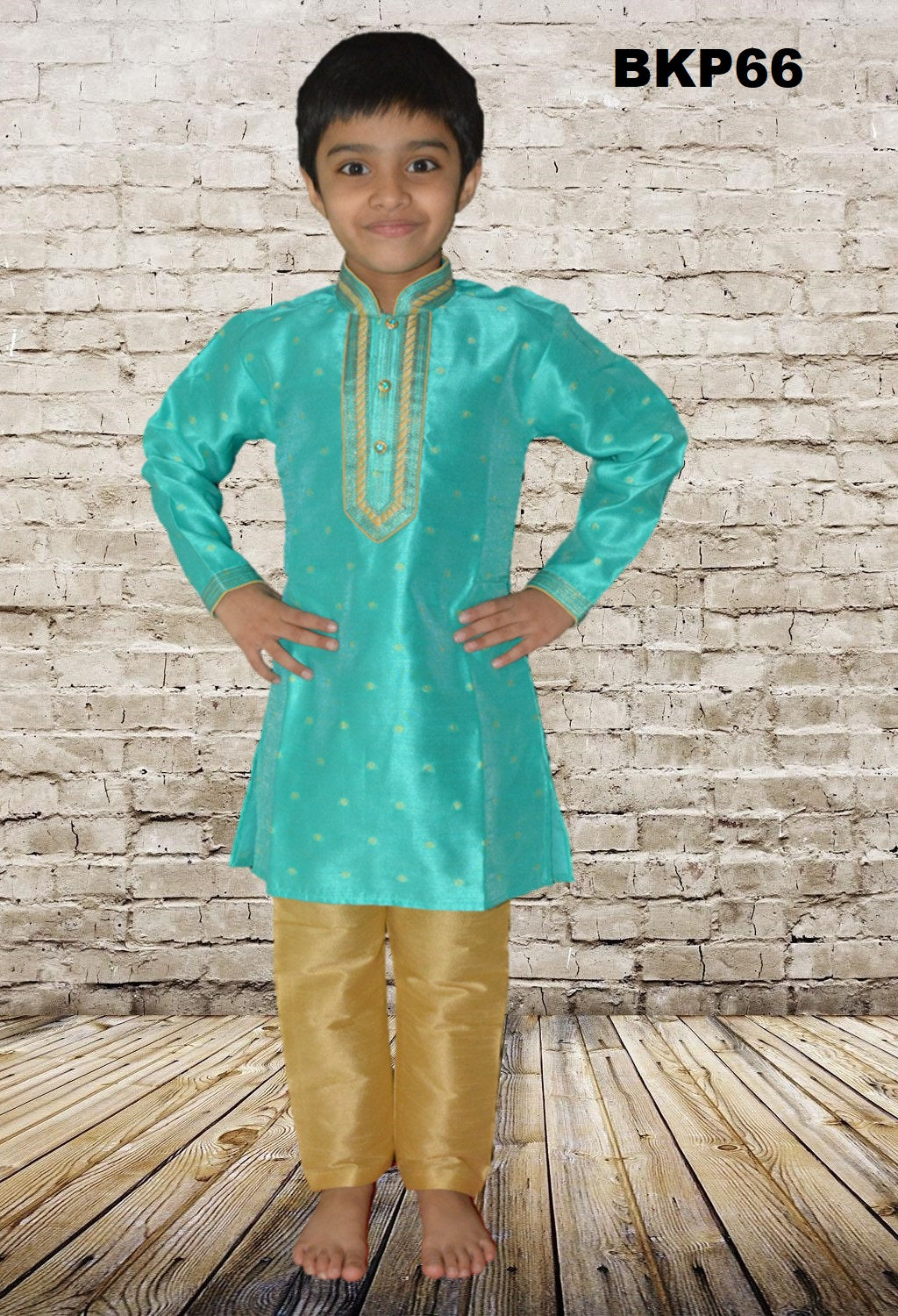 BKP66 - Boys Sea Green buti Printex silk party wear Kurta Pajama set