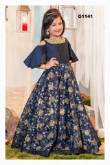 G1141 - Navyblue girls partywear gown with gold printed flowers