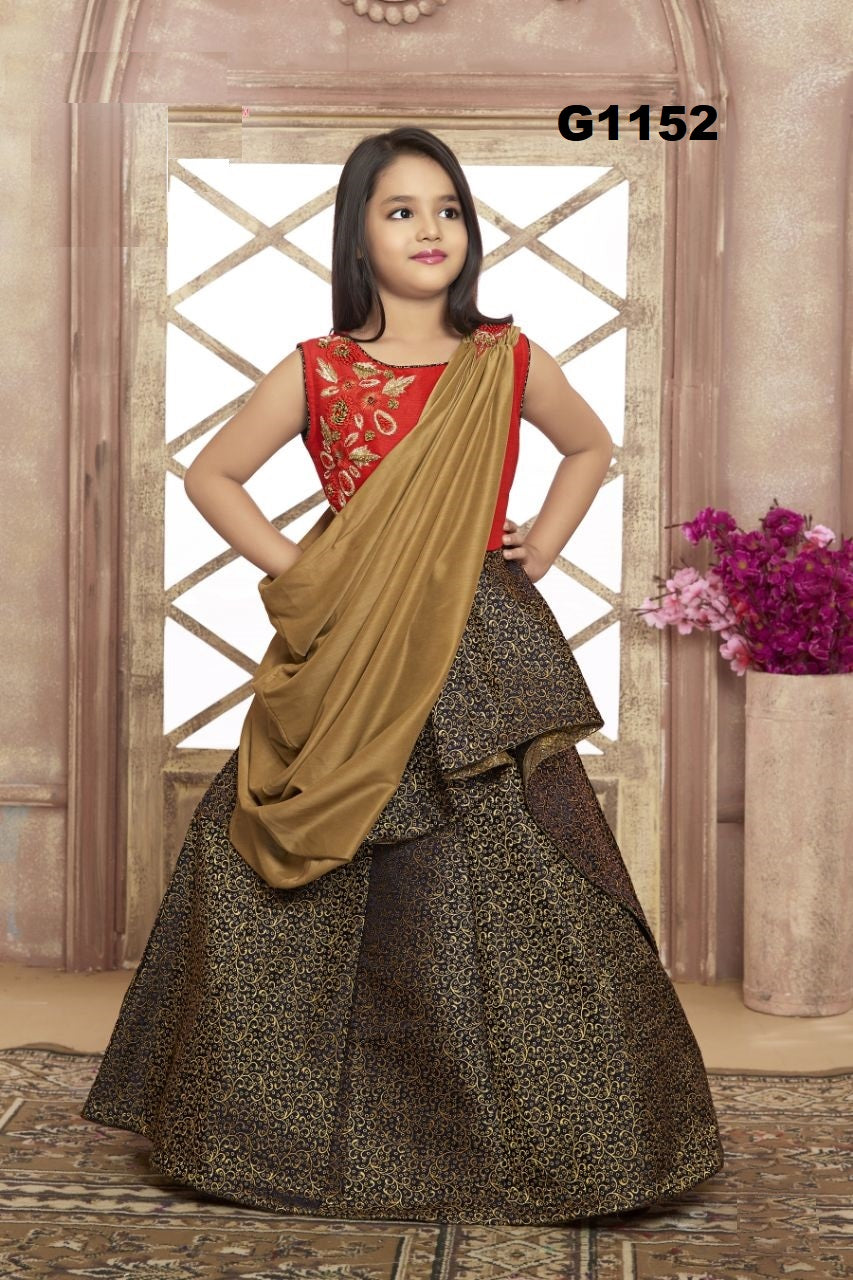 G1152 - Red and Black Girls Brocade Designer Gown
