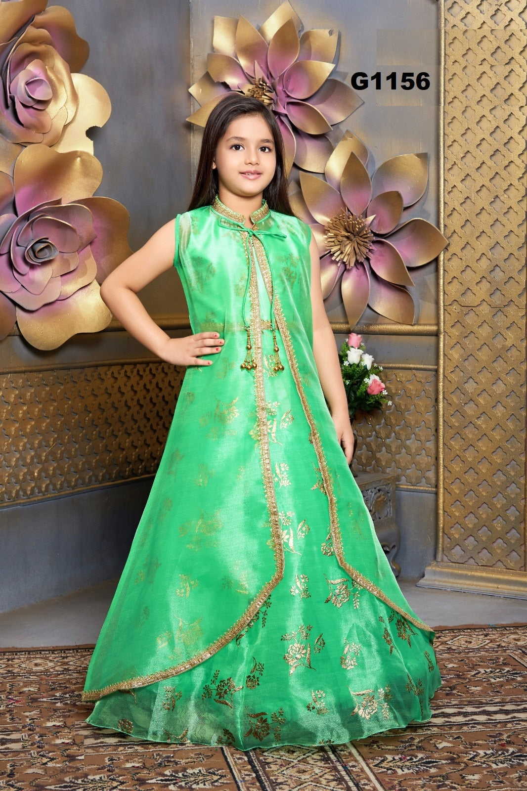 G1156 - Green  and Gold Girls Long Gown