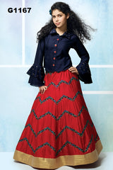 G1167 - Red and Navyblue  embroidered Silk Girls  Lehenga Choli