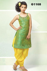 G1168 - Green and yellow Girl's silk Patiala set
