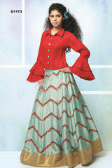 G1173 - Red and teal  embroidered Silk Girls  Lehenga Choli