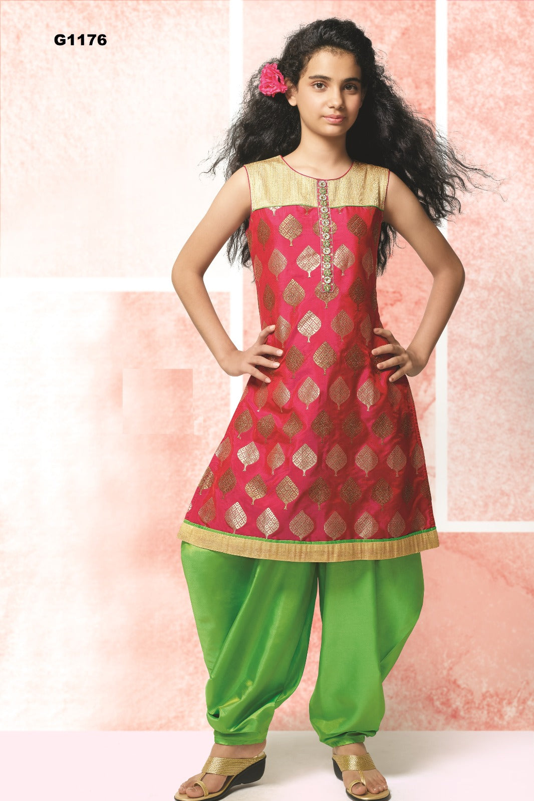 G1176 - Banarasi Green and pink Girl's silk Patiala set