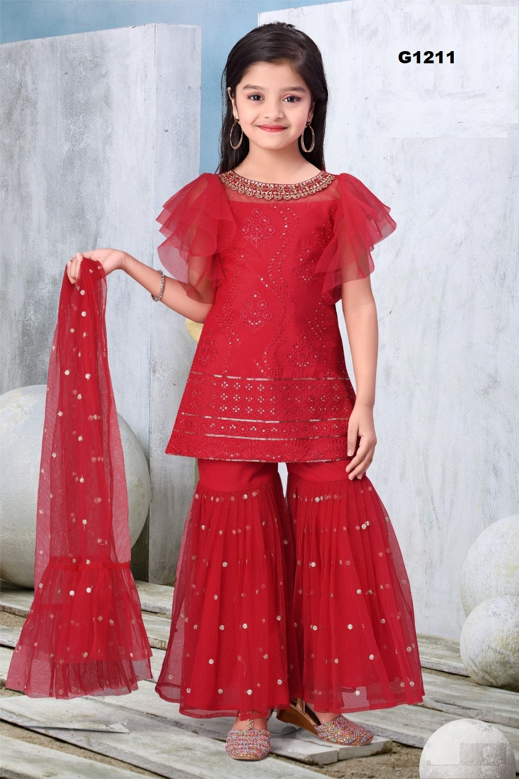 G1211 - Bright Red thread embroidered with sequin work Girls Gharara suit set