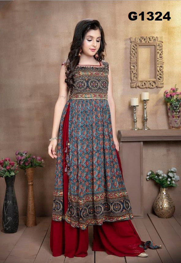 G1324 - Blue and Maroon partywear Palazzo suit set